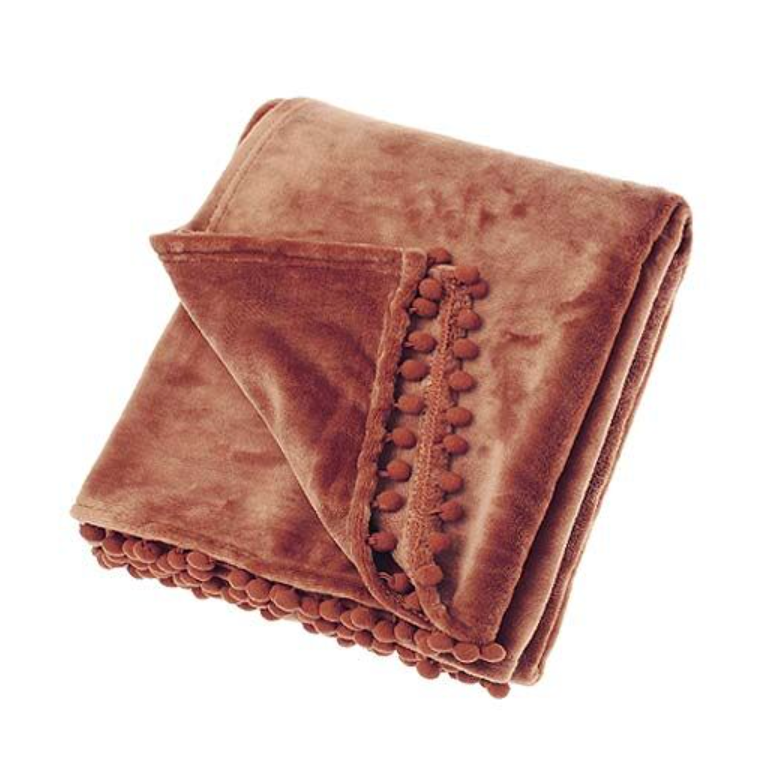Pom Pom Cashmere Touch Fleece Throw - Nutmeg