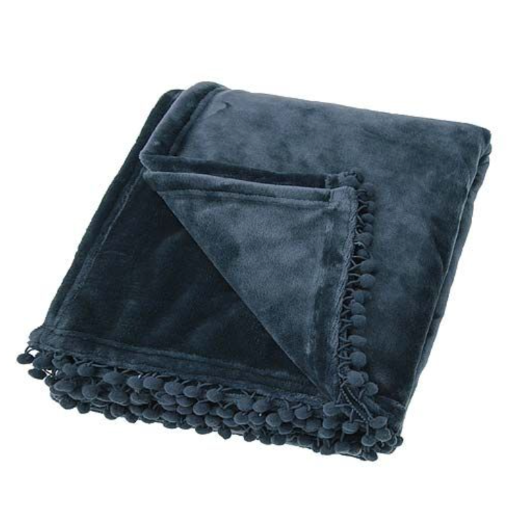 Pom Pom Cashmere Touch Fleece Throw - Slate Blue