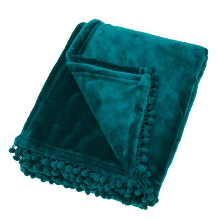 Pom Pom Cashmere Touch Fleece Throw - Teal