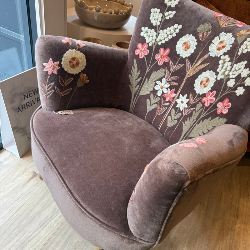 Floral Embroidered Armchair in Mink