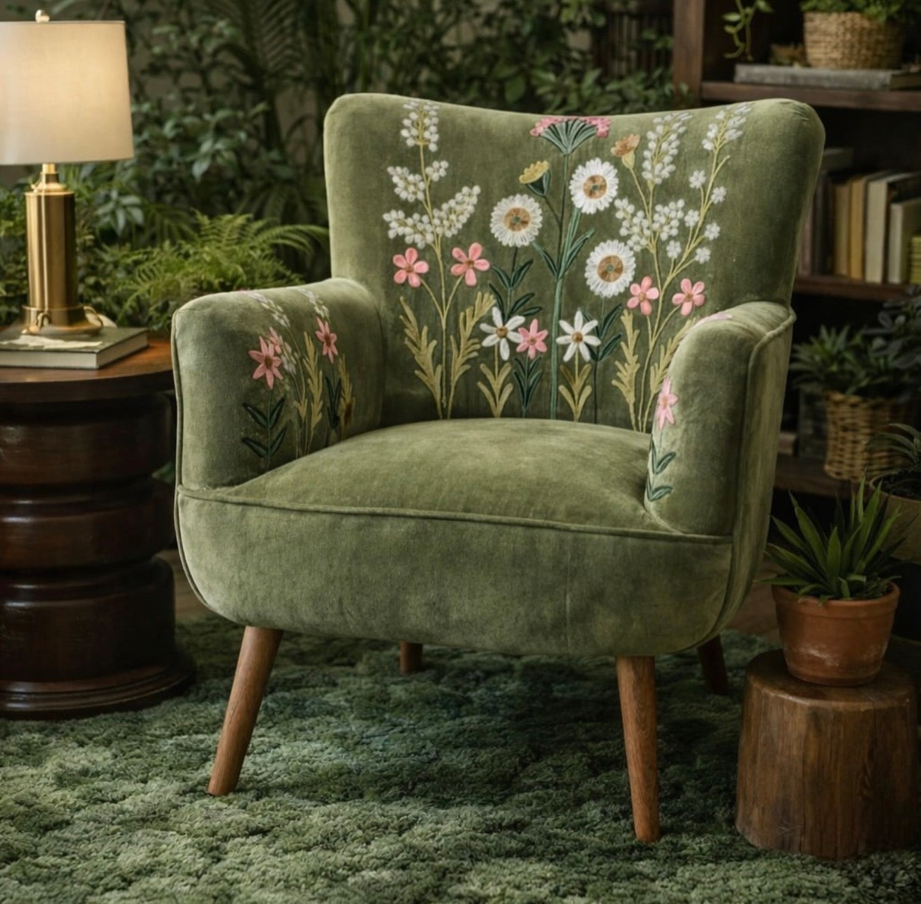 Floral Embroidered Armchair in Green