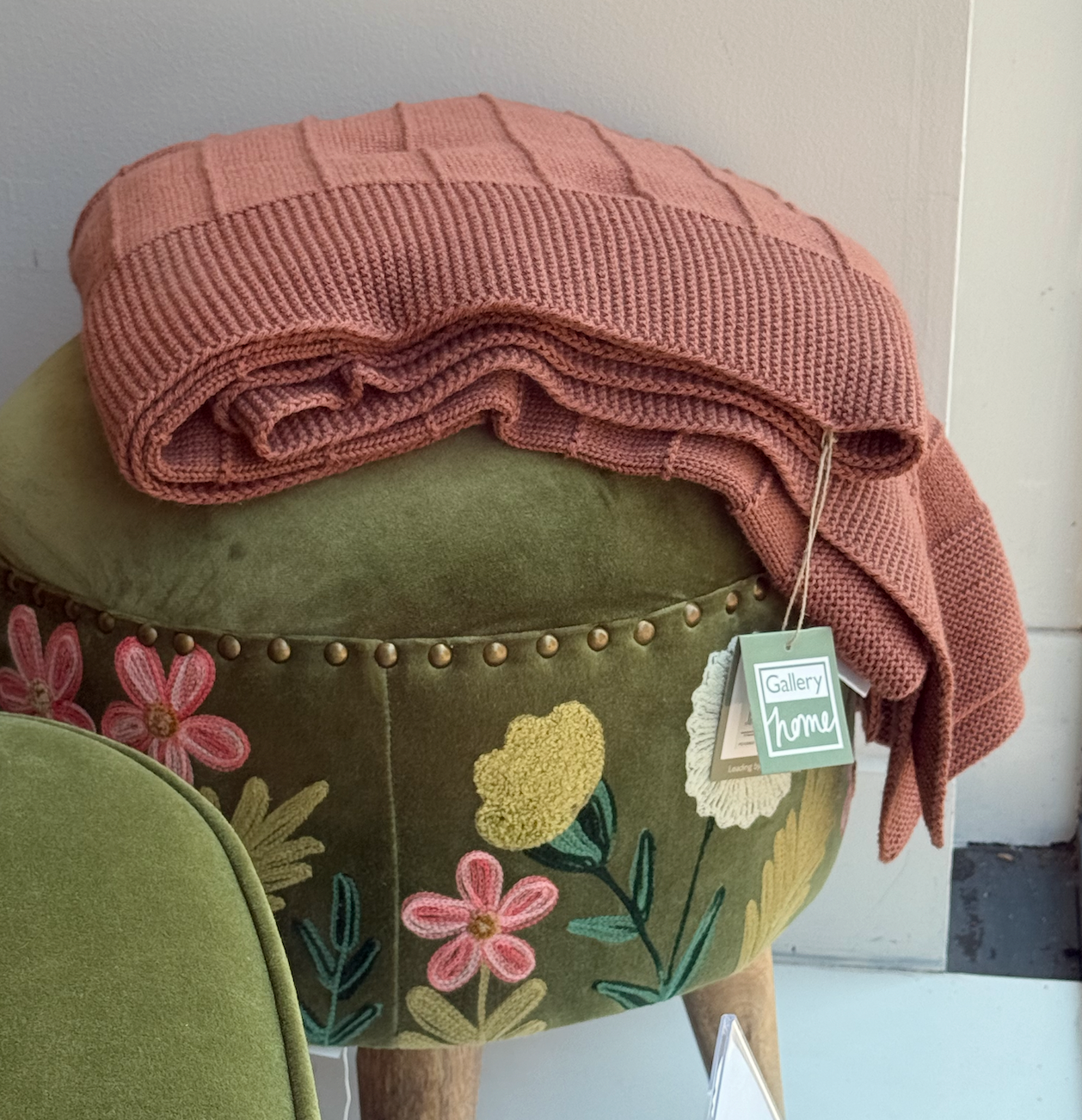 Floral Embroidered Footstool in Green