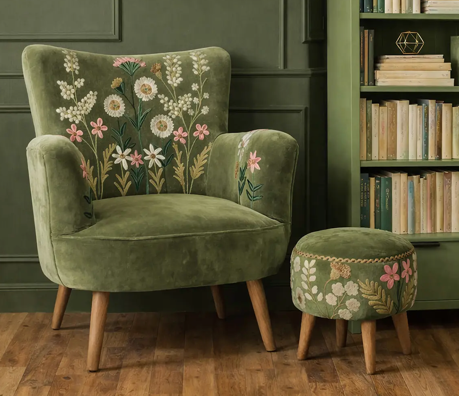 Floral Embroidered Armchair in Green