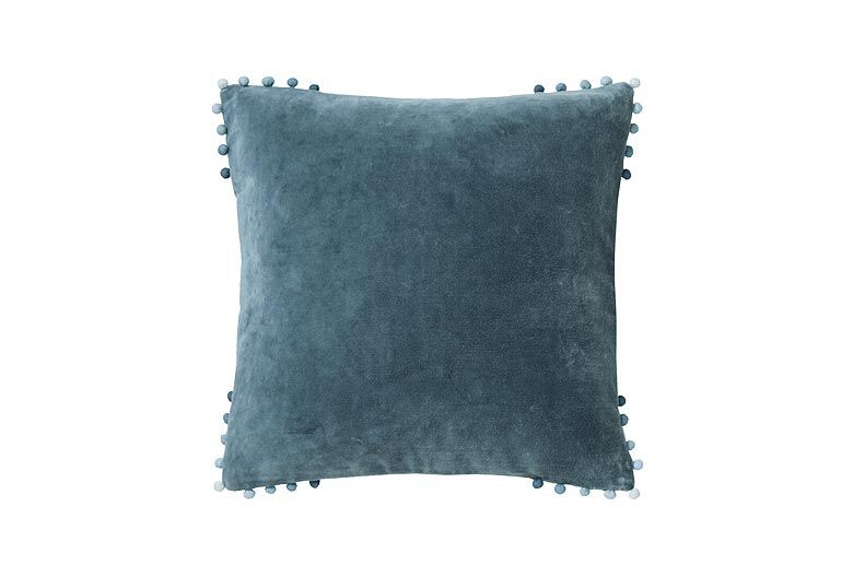 Mini Pom Pom Velvet Cushion - Slate Blue